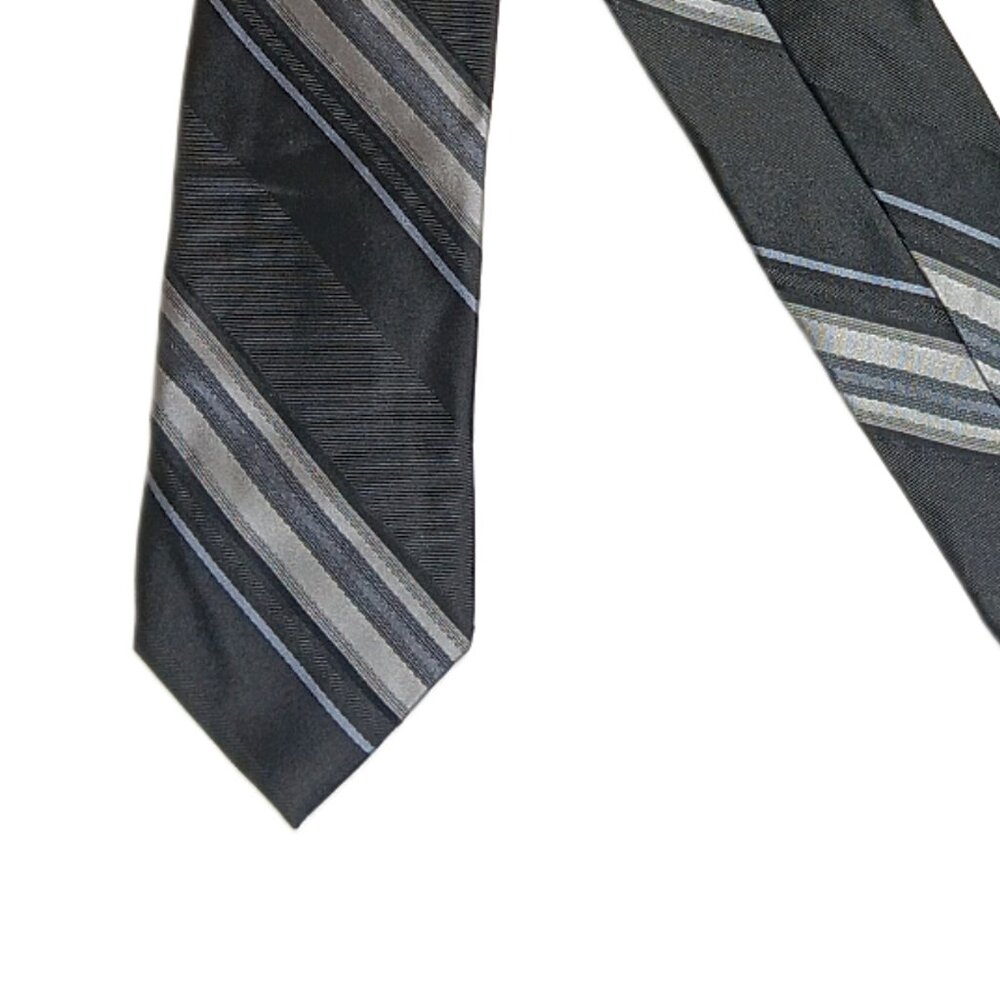 Structure Silk Repp Tie Men’s 60” Black Gray Ribbon Stripe Preppy Skinny New